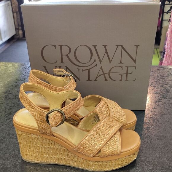 Crown Vintage Tan Wedge Shoes with Strappy Design - Picture 1 of 7